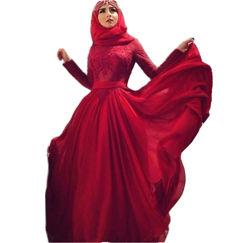 Modest Muslim Burgundy Formal Evening Dresses 2022 A Line Chiffon Long Sleeve High Neck Party Gowns Appliques Lace Islamic Kaftan Hijab Prom Dress Rob