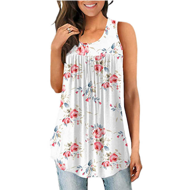 Bohemian Ethnic Print Ruched O-neck Sleeveless Vest Loose Summer Tank Tops for Women Casual Vintage Floral Plus Size 210604
