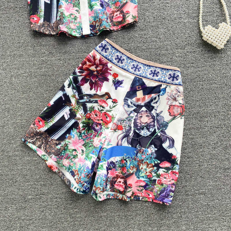 DEAT Women Lapel Short Shirt Printing Shorts Arrivals Two Piece Set Fashion Temperament Spring Summer 11D1567 210709