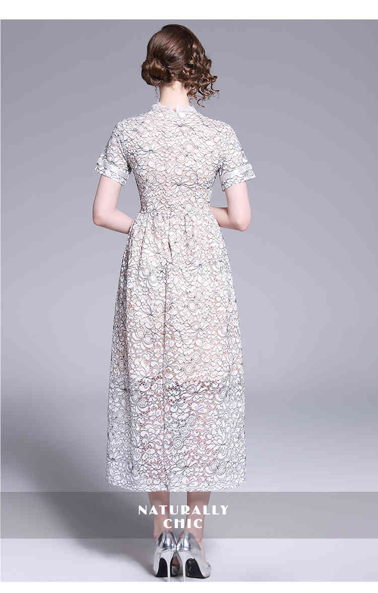 Summer Womans Short Sleeve Ladies Elegant Party Dress Lace Hollow Out Women Long Dresses Vestidos 210520