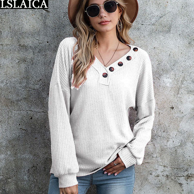 Women Blouses Casual Long Sleeve V Neck Button Tops for Fashion Solid Irregular Female Shirts Streetwear Plus Size Clothes 210520