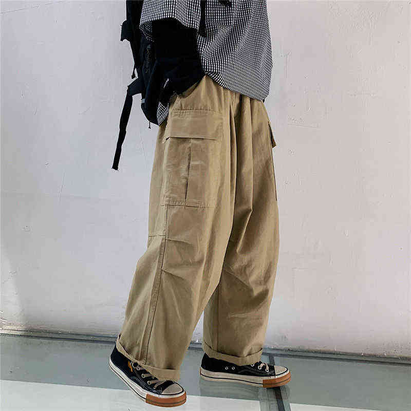 HOUZHOU Streetwear Khaki Cargo Pants Women Korean Fashion Hippie Black Wide Leg Trousers For Female Kpop Oversize Joggers 211115
