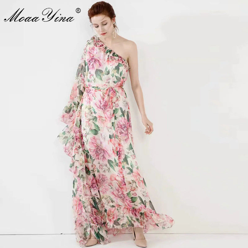 Spring Summer Women Dress One-shoulder Irregular Collar Floral-Print Cascading Ruffle Vacation Party Maxi Dresses 210524