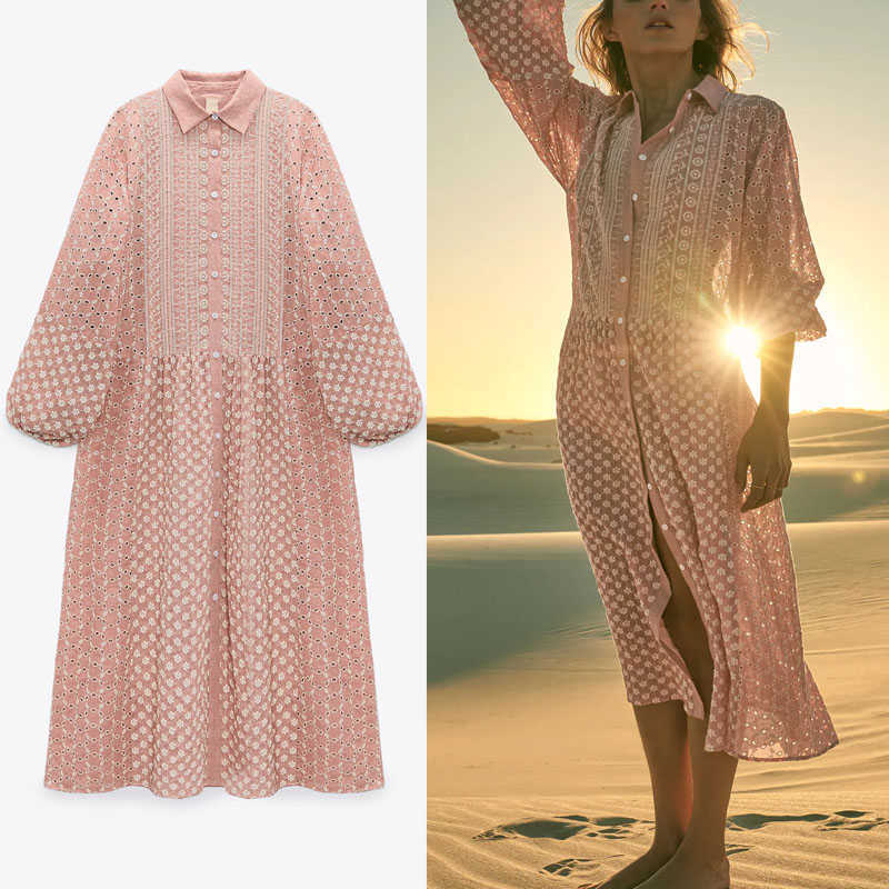 

Za Summer Openwork Embroidered Shirtdress Women Long Puff Sleeve Pleated Pink Midi Dress Chic Button Up Embroidery Dresses 210602
