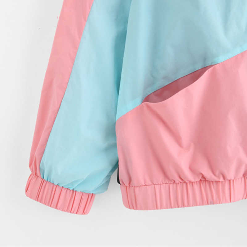 Women Long Sleeve Zipper Pockets Casual Sport Coat multi Color cut and sew windbreaker with hood block Coats 210607
