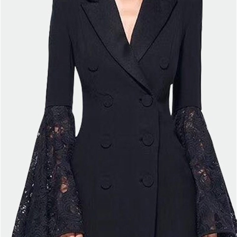 DEAT spring and summer fashion women clothes notched collar flare sleeves lace patchwork high waist double breasted 210428