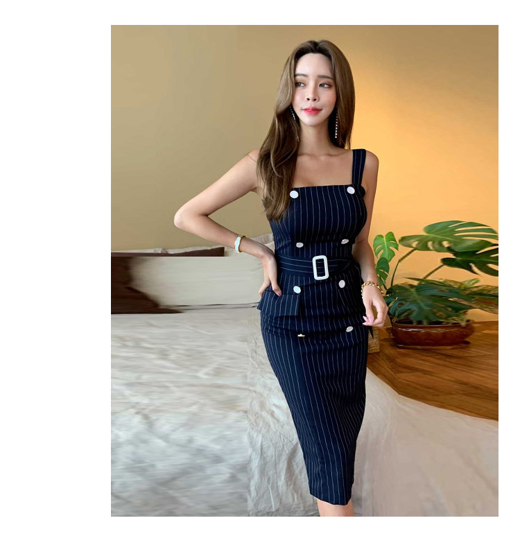 Double-breasted Belted Sheath Pencil Dress Women Summer stripe Dresses OL Business Work Wear To Office Vestidos 210519