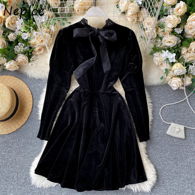 Neploe Retro Lace Patchwork Dress Elegant O-neck Long Sleeve Slim Waist Velvet Femme Vestidos Chic Button Drawstring Dresses 210422