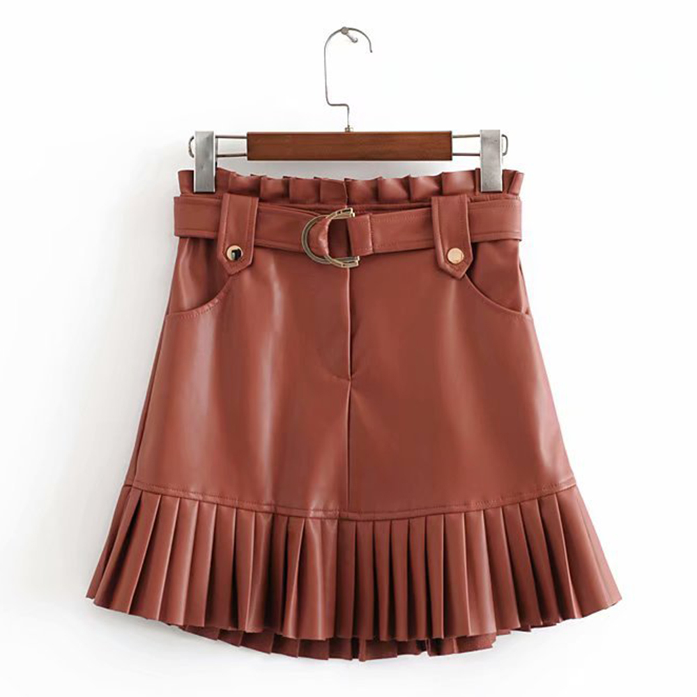 Chic PU Leather Mini Skirt with Belt Women High Waist Pleated s Fashion All-match s Korean Sweet Faux 210428