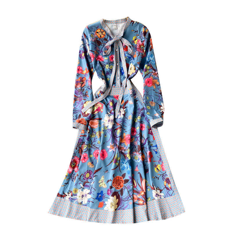 Women Fashion Chic Round Neck Long Sleeve Print A-line Dress Elegant Clothes Vestidos De Mujer R889 210527