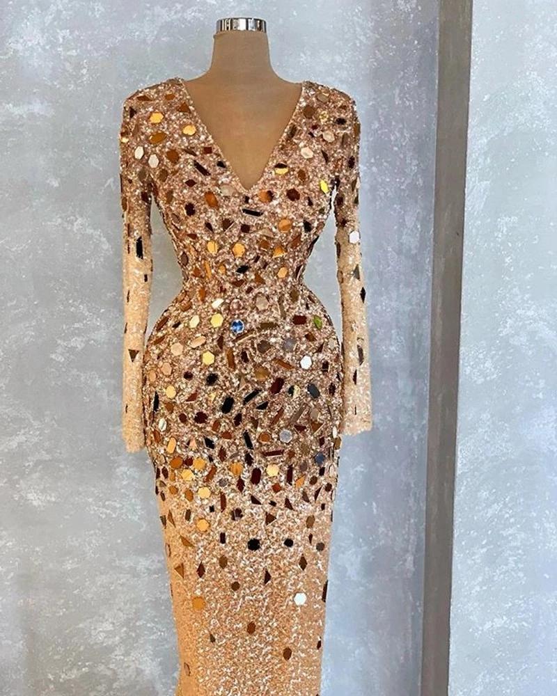 Urious Gold Sequined Lace Prom Dresses Wear Crystal Beaded Sequins African Dubai V Neck Long Sleeves Mermaid Evening Vintage Formal Party Pageant Gown