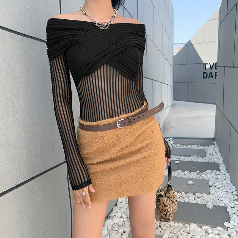 Sexy Women Solid Striped Bodysuit Fashion Ladies Transparent Mesh Playsuits Streetwear Female Chic Cross 210527