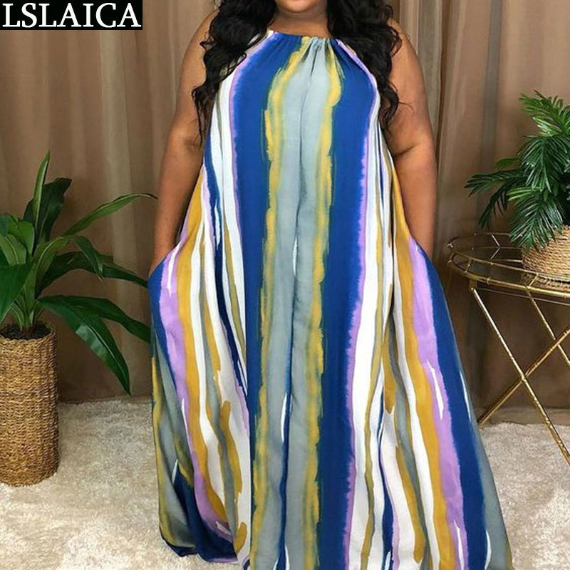 Woman Dress Stripe Printing O Neck Loose Large Size Floor-Length Casual Streetwear Summer Africa es for Women 210515