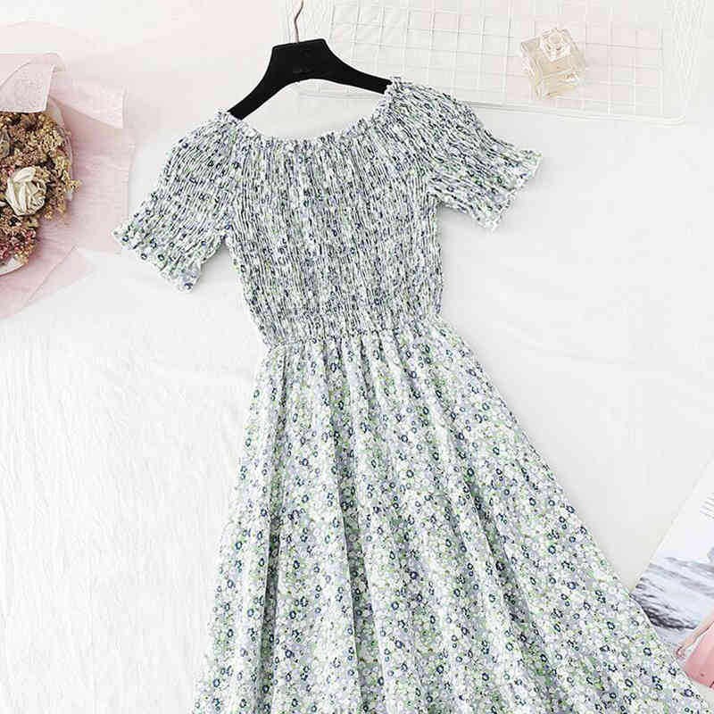 Floral Summer Dress Woman Slash Neck Off Shoulder Party Slim A-line Robe Vestidos High Waist Elegant Ruffles Midi Dress 210521