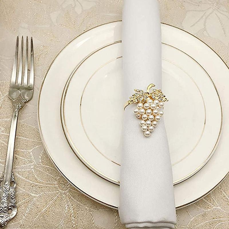 Napkin Rings Grapes Set Of 6, With Glittering Imitation Diamond And Pearls Inlay Alloy Ring Holder