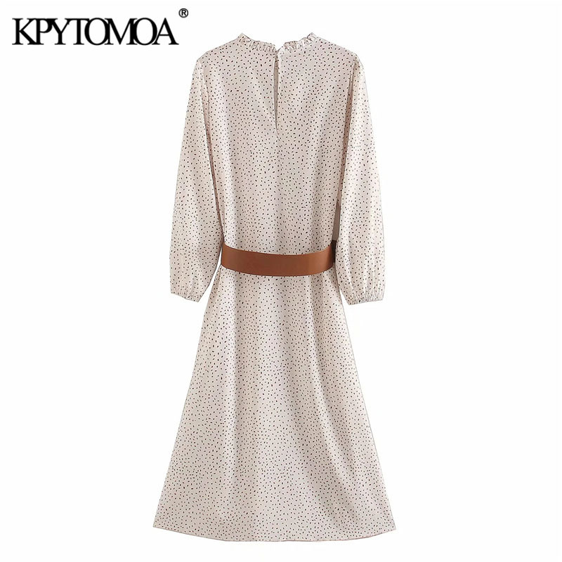 Women Elegant Fashion Polka Dot With Belt Midi Dress Ruffled Collar Long Sleeve Female Dresses Vestidos 210420