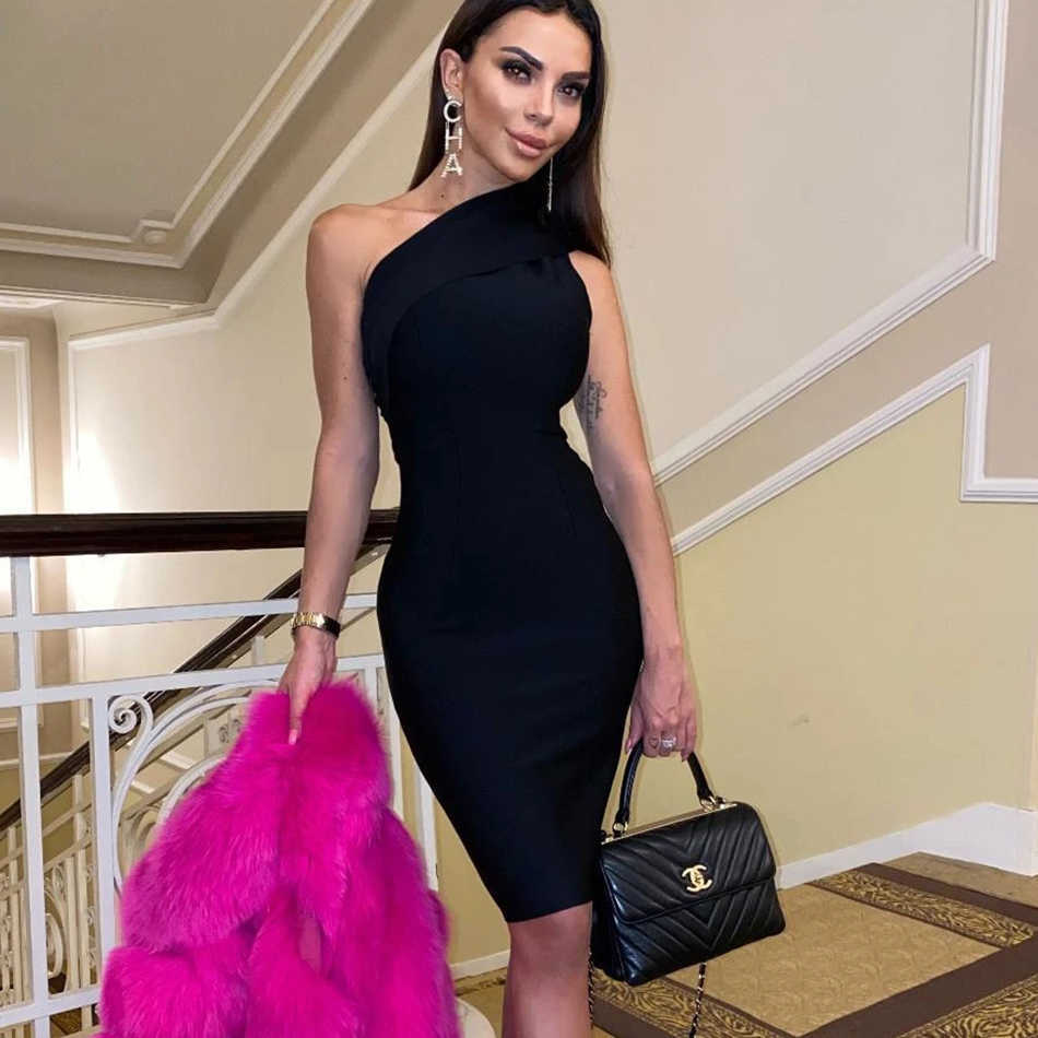 Summer Women's Black Apricot Bandage Bodycon Dress Sexy One Shoulder Sleeveless Skinny Vestidos Split Party Dress 210630