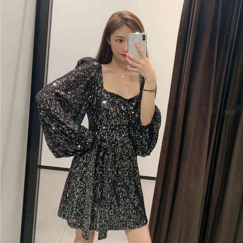 Women Sequin Mini Dress Fashion Square Collar Vintage Lady Party Elegant Female Lantern Long Sleeve Short es Vestido 210515
