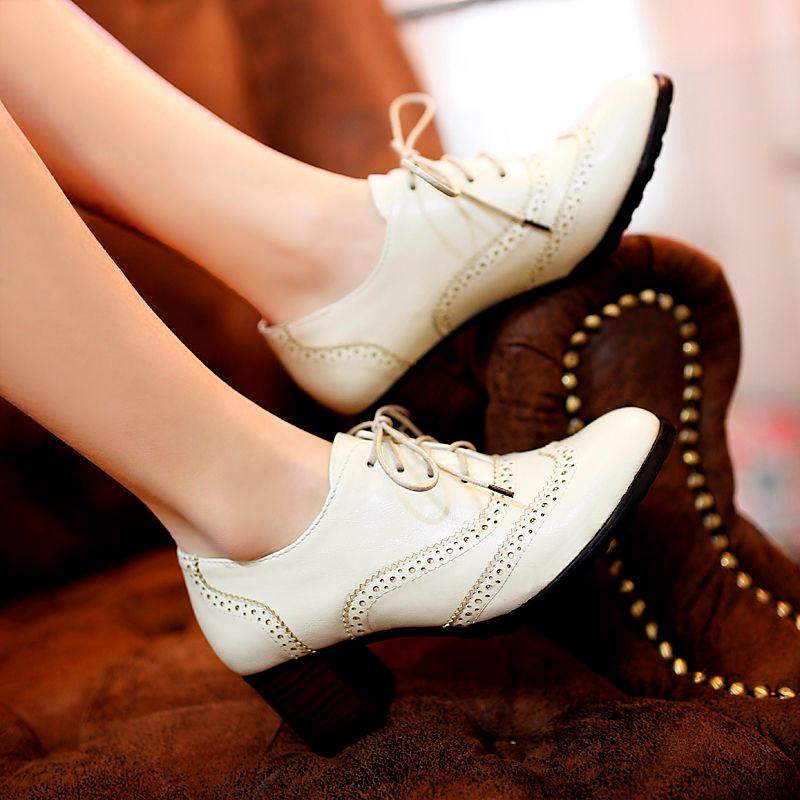 Dress Shoes College Style British Retro Lace Up Work Oxford Carved Leather Middle Heel Thick Women's