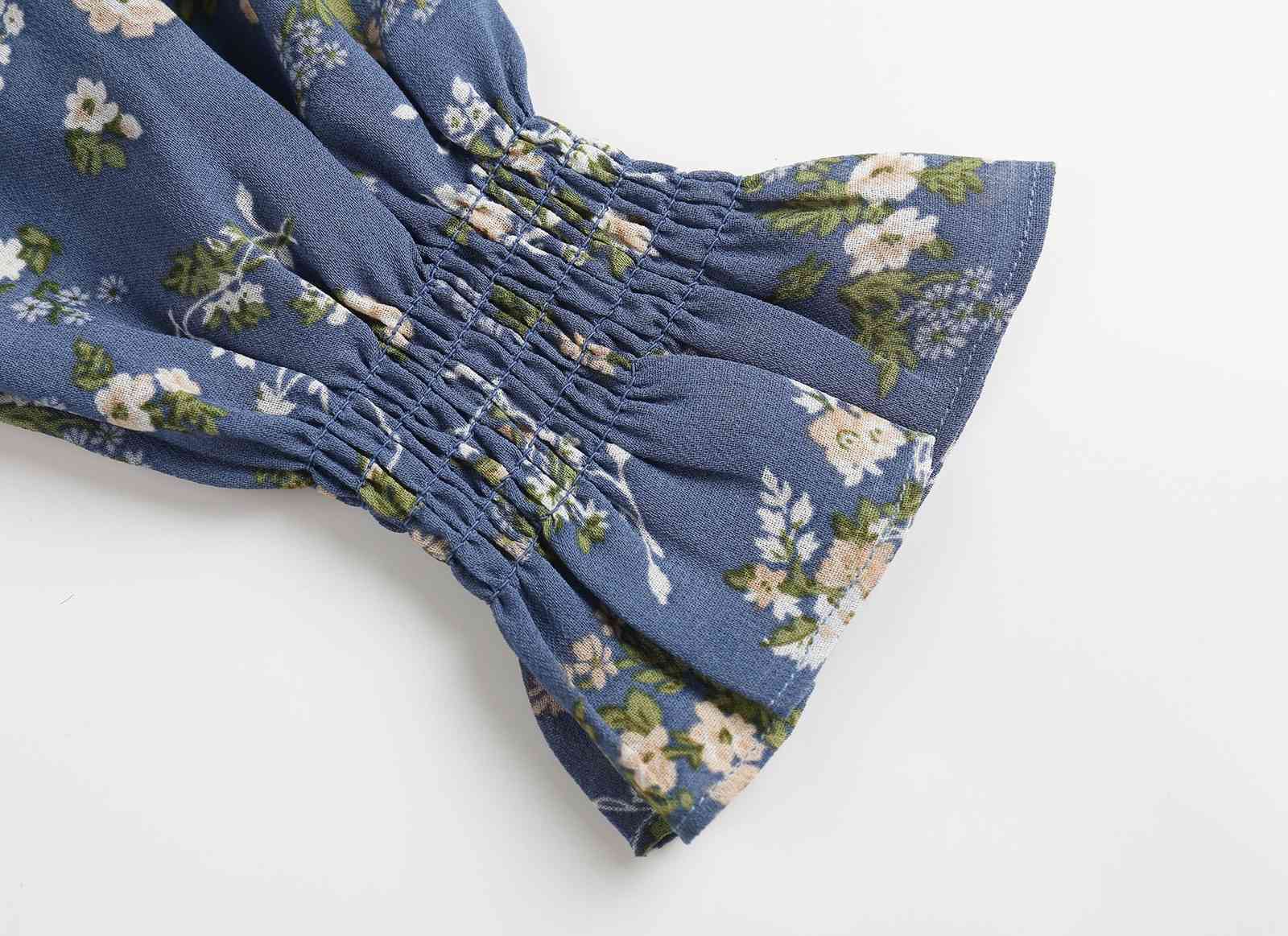 Women BOHO Blue Flower Print Shirt Dress Sexy Ladies Ruffles Collar Long Sleeve Loose Straight Mini Short Dresses 210429