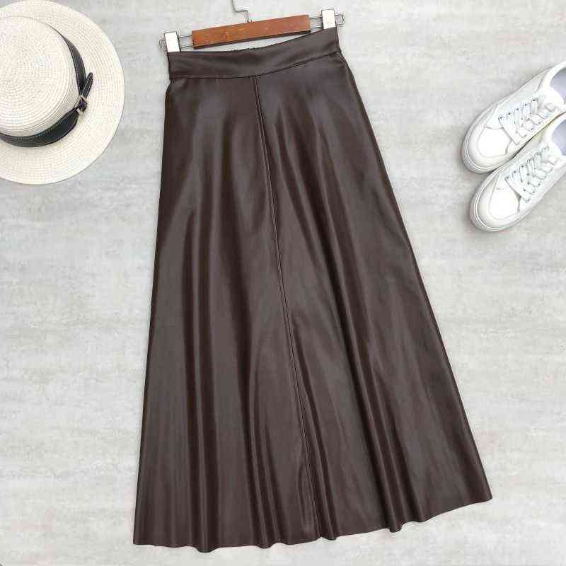 Neophil 80cm Pockets Winter Women Pu Faux Leather Skirts High Waist Elastic Latex Female Chic Flare Long Skirt S21847 211119