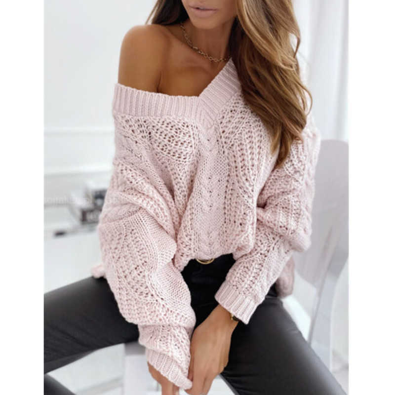 Women Solid Hollow Out Ribbed Knitted Sweater Autumn Winter V Neck Tops Casual Female Long Sleeve Loose Pullover 211007