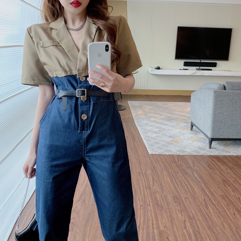 Summer Women Denim Overalls Fashion Patchwork Jumpsuits Office OL Notched Rompers Jeans Female Casual Long Trousers 210519