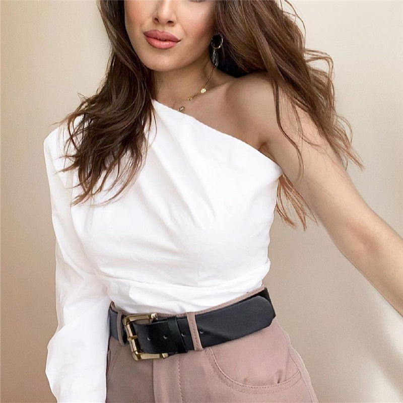 Elegant Woman White One-Shoulder Cotton Tops Spring Fashion Ladies Irregular Top Female Streetwear Button 210515