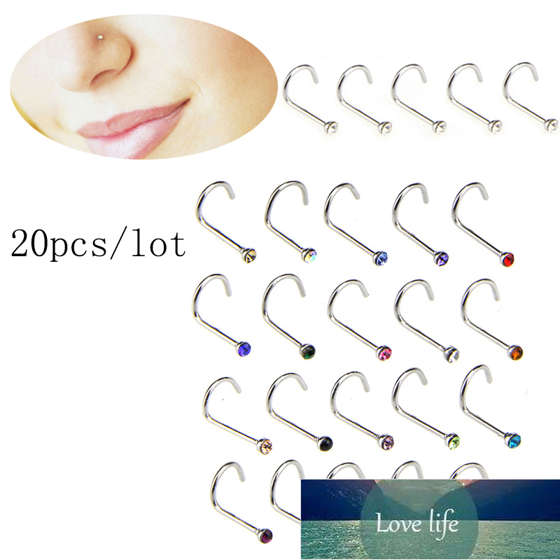 20pcs/lot Stainless Steel Crystal Rhinestone Nose Studs Hooks Bar Pin Nose Rings Body Piercing Jewelry For Women