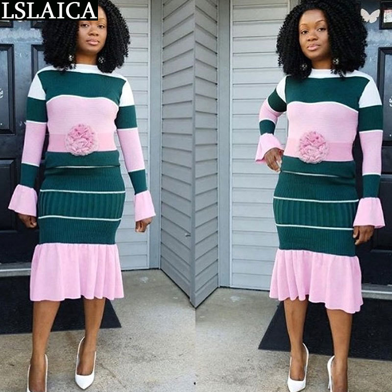 Fashion 2 Peice Set Women Autumn Patchwork Long Sleeve O Neck Sweater Midi Skirt And Top Conjuntos De Mujer Elegante 210515