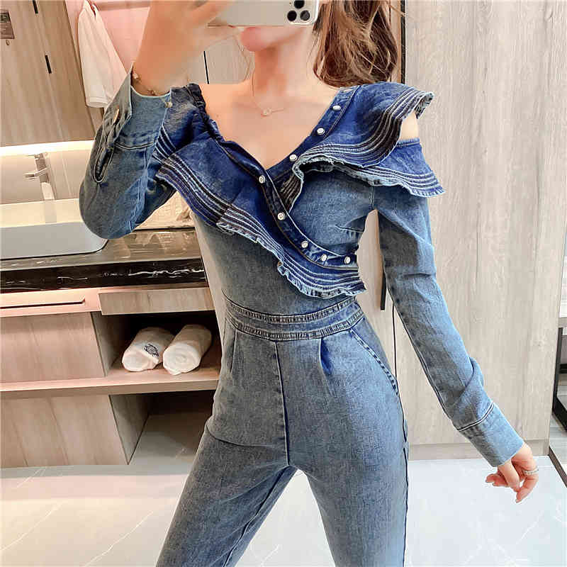 Fashion Women Vintage Bodysuit High Waist Bodycon Rompers Zipper Ruffles Woman Off Shoulder Denim Overalls Jumpsuit 210519