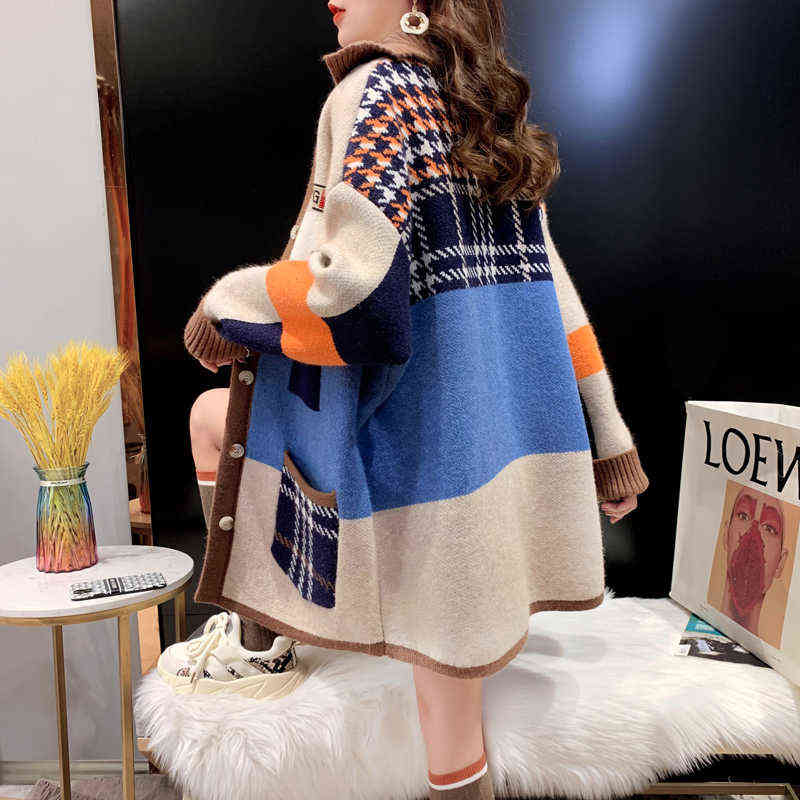 TIGENA Autumn Winter Women Long Cardigan Contrast Print Pocket Button Oversize Sweater Cardigan Female Street Jacket Coat 211117