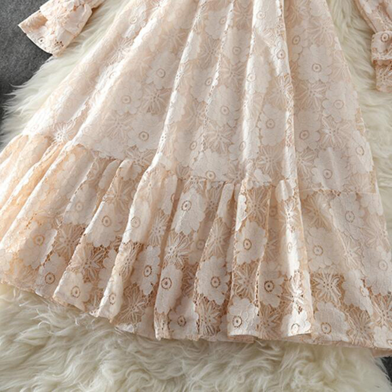 Women Spring Lace Dress Vintage Lotus Leaf Collar Elegant Party Midi Dresses Vestidos Long Sleeve Bottoming Dress 210521