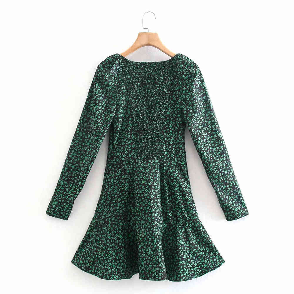 BBWM Women Chic Fashion Green Flowers Print Mini Dress Vintage Heart-Shaped Collar Long Sleeve Female Dresses Vestidos 210520