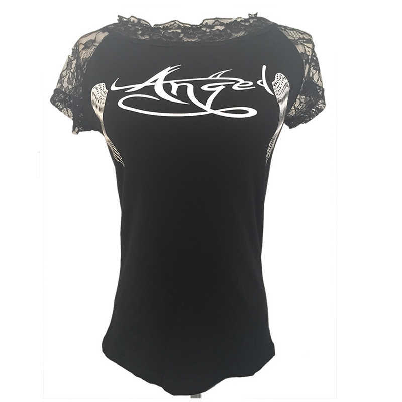 T Shirt White Woman Cotton Women Summer Fashion Print T-shirt Vest Angel Wings Top Casual Women's Lace Short Sleeved T-shirt X0628