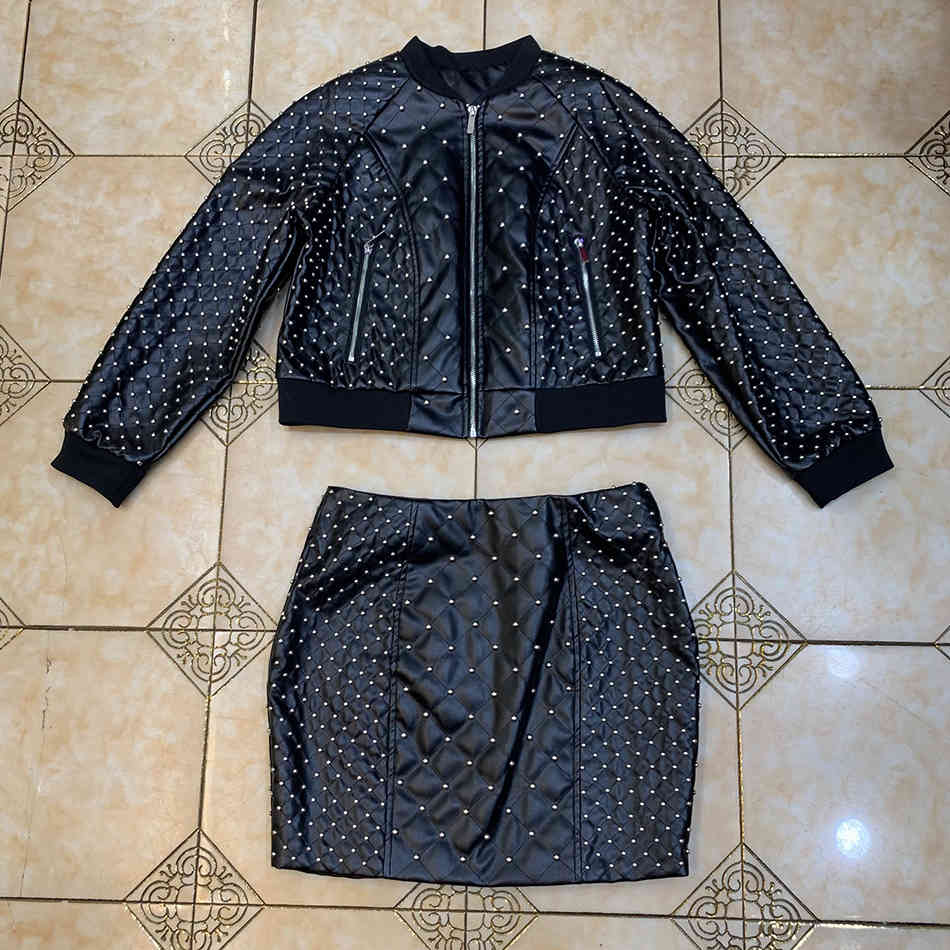 Free Fashion Rivet Leather Set Casual Long Sleeve Zip Short Jacket & Mini Skirt Women's Sexy Two-piece 210524