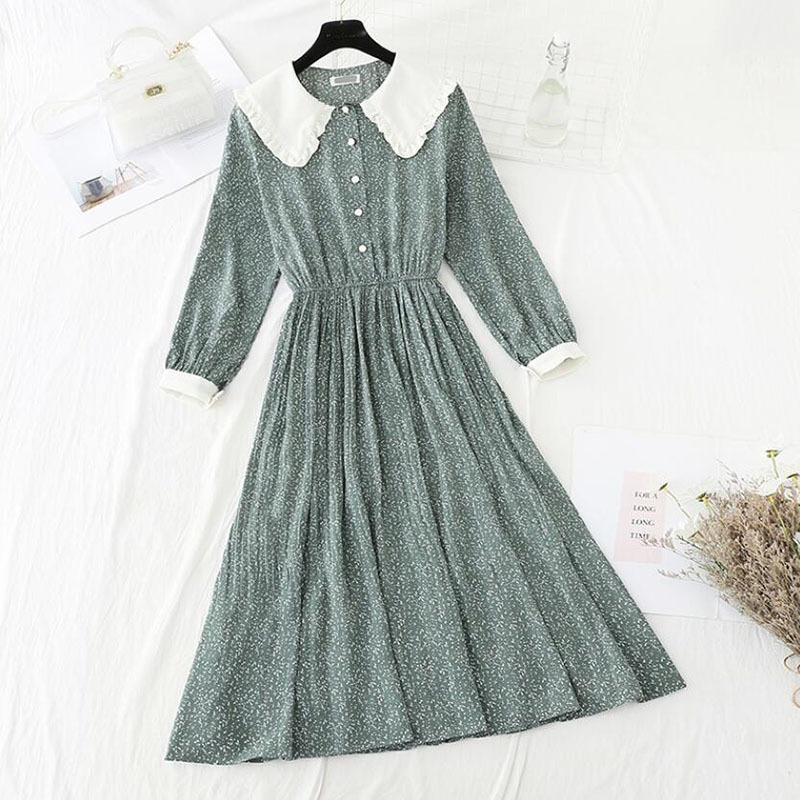 Sweet Doll Collar Chiffon Dresses Spring Elastic High Waist Floral Print Mid-length Dress Elegant Slim Pleated Women Dress 210521