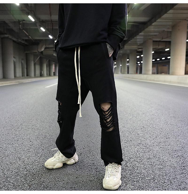 Dark Wind Hole Knife Cut Straight Loose Terry Draping Guard Pants Hip-hop Black All-match Cotton Casual Men Men's