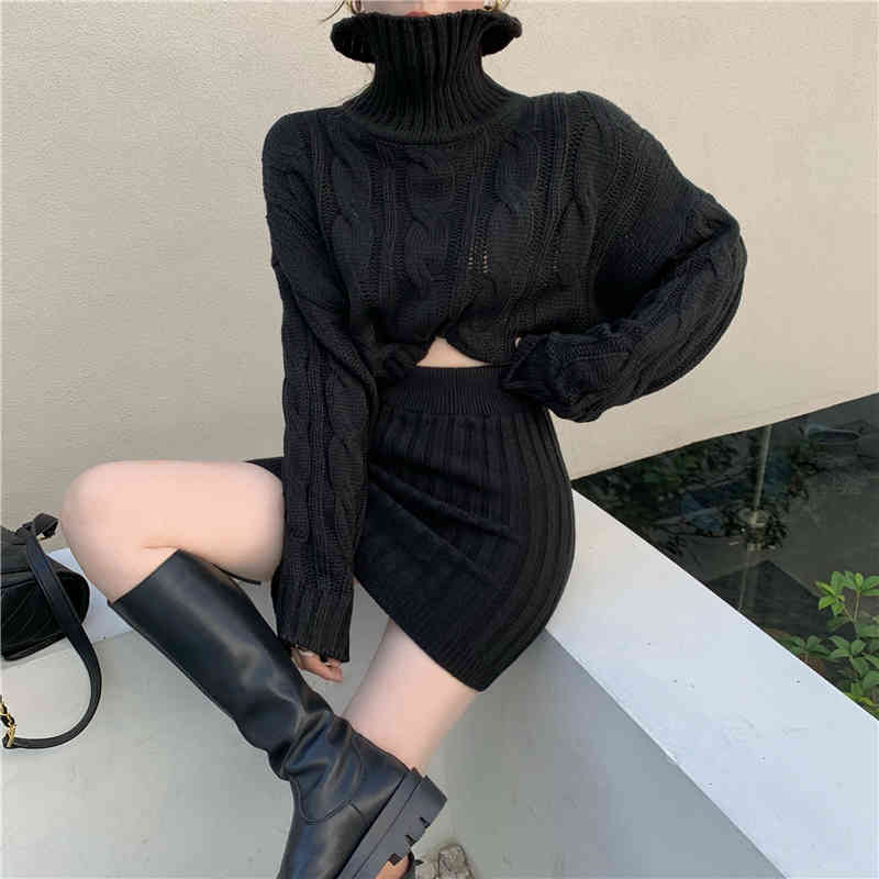 Lucyever Spring 2 Pieces Sets Women Fashion Twist Knitted Turtleneck Navel Sweaters Woman High Waist Hip Skirt Female 210521wtt