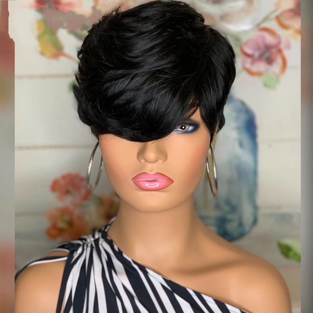 Short Straight Bob Pixie Cut Non Lace Front Human Hair Wigs With Bangs For Black Women Brazilian Wig