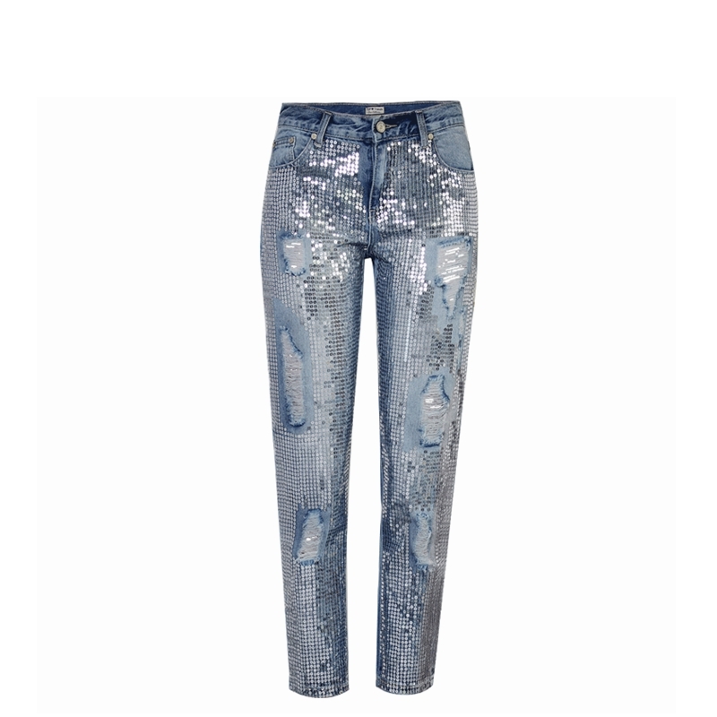 Fashion sequined Mom jeans woman boyfriend distressed ripped for women denim pants autumn plus size trousers 210521