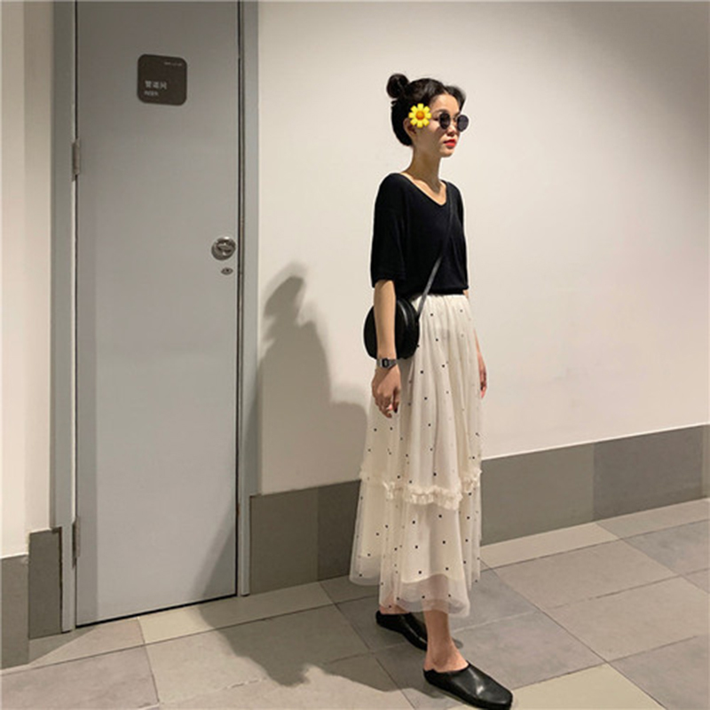 Arrival Summer Korea Fashion Women High Waist Slim Long Skirt Dot Mesh Sweet A-line s Female White S301 210512
