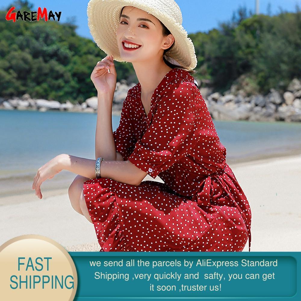 women's summer dress knee-length short polka dot vintage beach sunes ruffles ladies es 210428