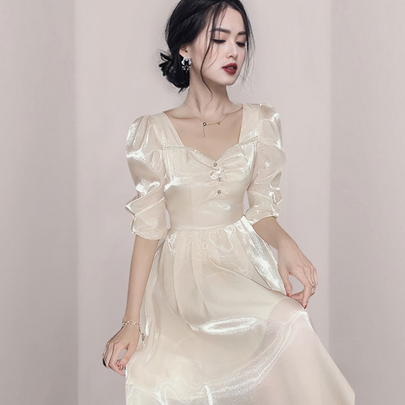 Summer Women Fairy Dresses Retro French Elegant Office Lady V-Neck Puff Sleeve Slim Waist Midi Dress Vestidos 210519