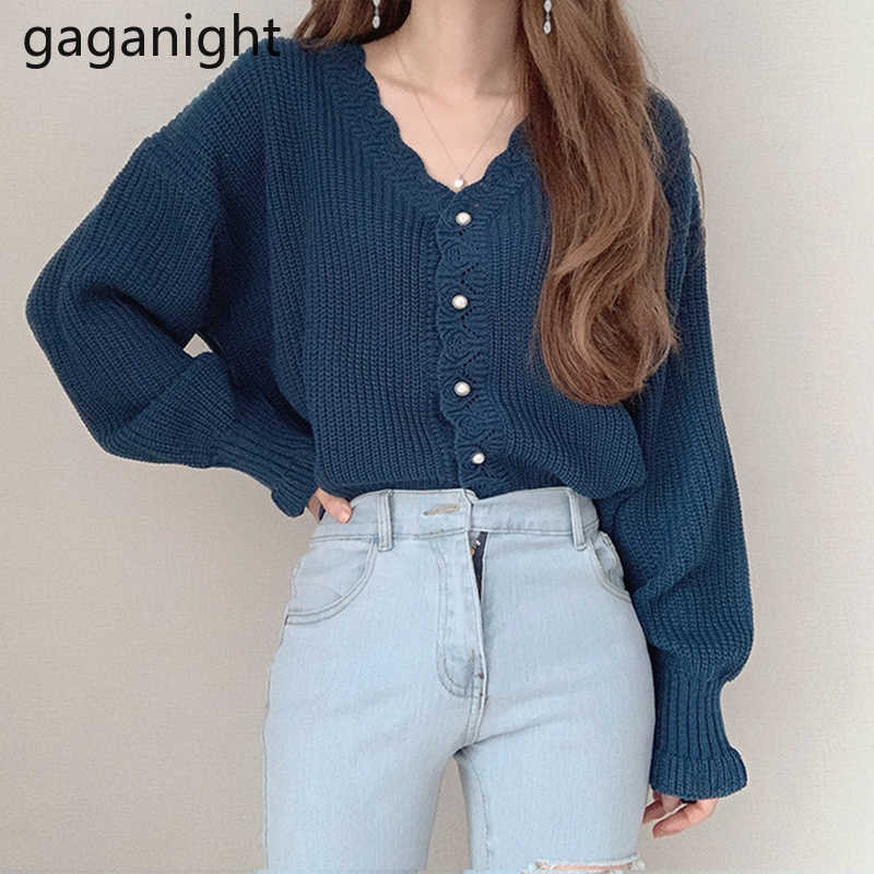 Gaganight Knit Women Elegant Sweater Spring Autumn Fashion Solid Casual Loose Cardigan Beading Single Breasted Ruffles Kardigan 210918