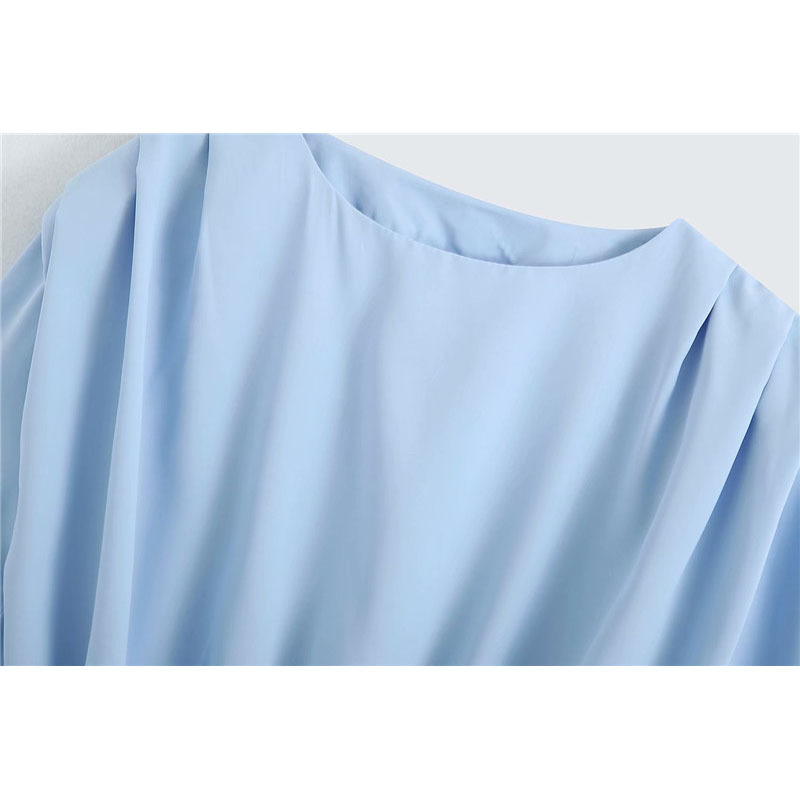 Women Fashion Chic Shoulder Pads Pleated Cropped Blouses Vintage O Neck Elastic Hem Shirts Girls Chic Tops 210520