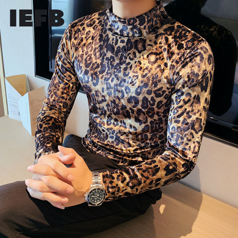IEFB Stand Collar Base Long Sleeve Spring T-shirt Slim Leopard Print Tight Slim Fit Flannel Fashion Trend Tops 9Y6674 210524