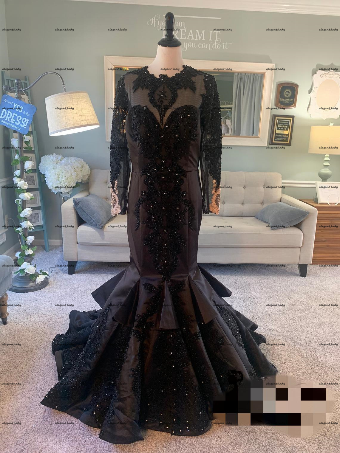 Black Gothic Mermaid Wedding Dresses With Long Sleeves Beading Pearls applique Satin Non White african lace-up boho outdoor Bride Dress plus size