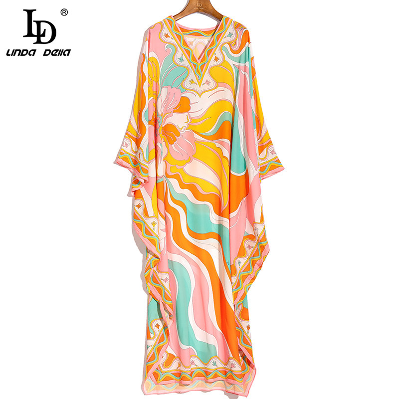 Summer Fashion Bohemian Loose Maxi Dress Women V neck Batwing Sleeve Printed Chiffon Long Dresses 5XL Plus Size 210522