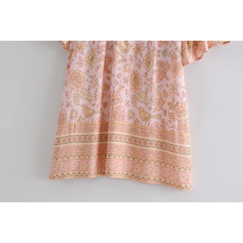 Causal Women Print Loose Cotton Dress Fashion Ladies Bow Tassels Vestidos Boho Female Chic Flare Sleeve Dresses 210430